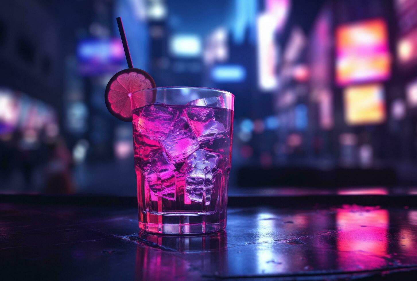 ai gegenereerd neon drinken Aan bar, punk- rots stijlvol, anime esthetisch foto