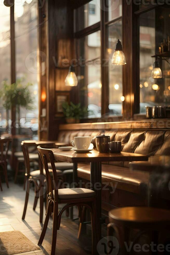 ai gegenereerd knus restaurant interieur met warm verlichting, houten meubilair door groot ramen generatief door ai foto