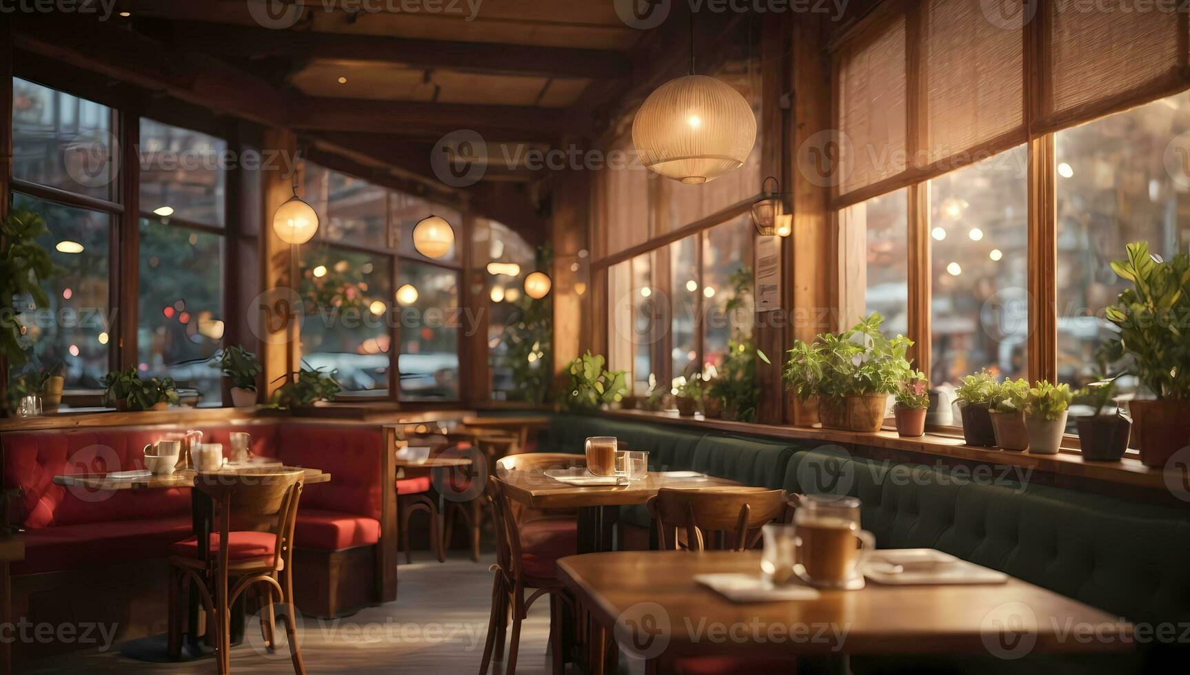 ai gegenereerd knus restaurant interieur met warm verlichting, houten meubilair door groot ramen generatief door ai foto