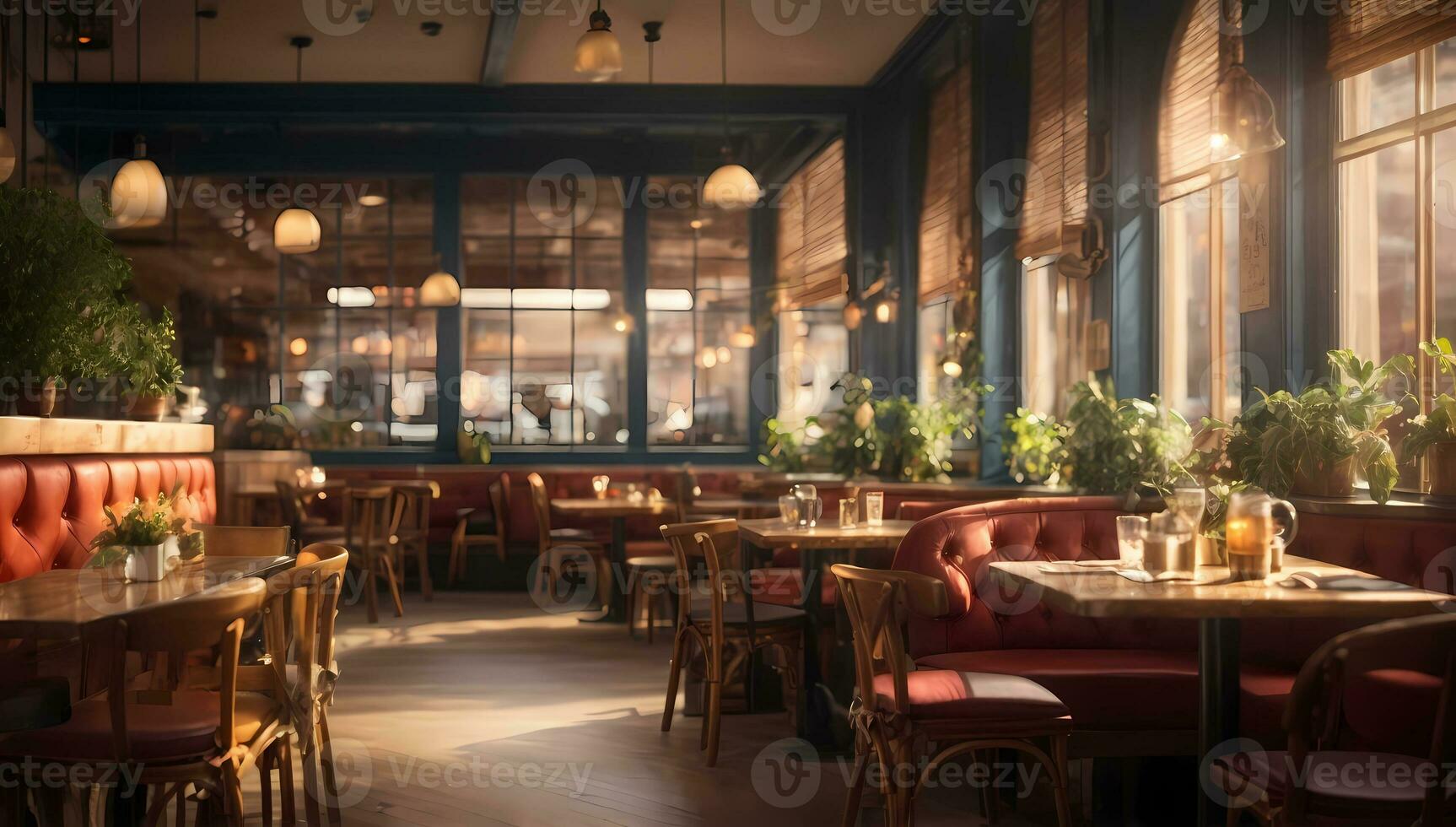 ai gegenereerd knus restaurant interieur met warm verlichting, houten meubilair door groot ramen generatief door ai foto