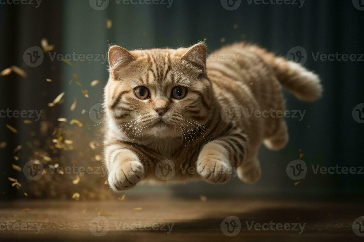 ai gegenereerd gestreept kat springend sierlijk met drijvend vacht in warm, zonovergoten kamer generatief door ai foto