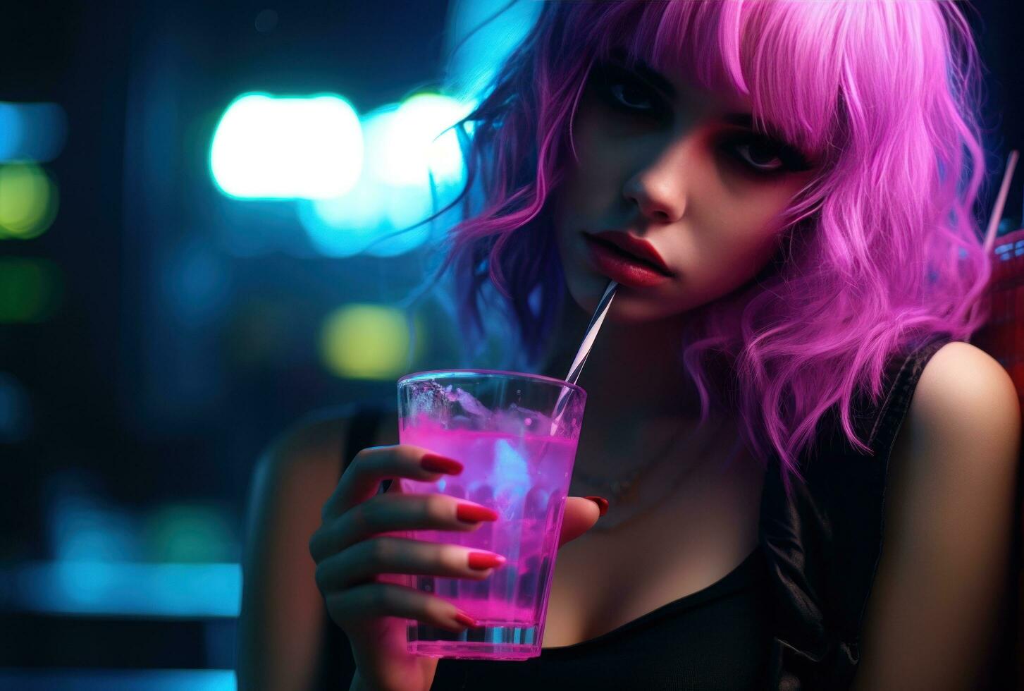 ai gegenereerd neon drinken Aan bar, punk- rots stijlvol, anime esthetisch foto