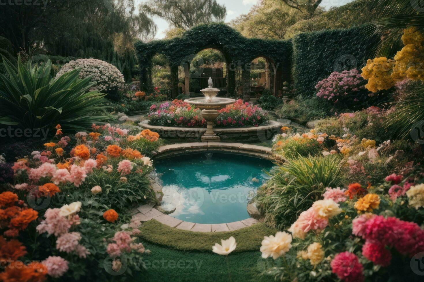 ai gegenereerd rustig tuin tafereel met een verscheidenheid van kleurrijk bloemen in bloeien generatief door ai foto
