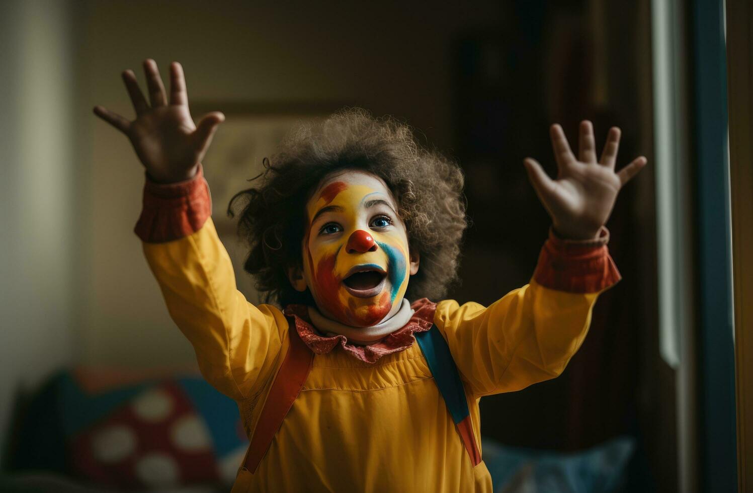 ai gegenereerd een kind is gekleed net zo een clown verhogen de hand- in de lucht, foto