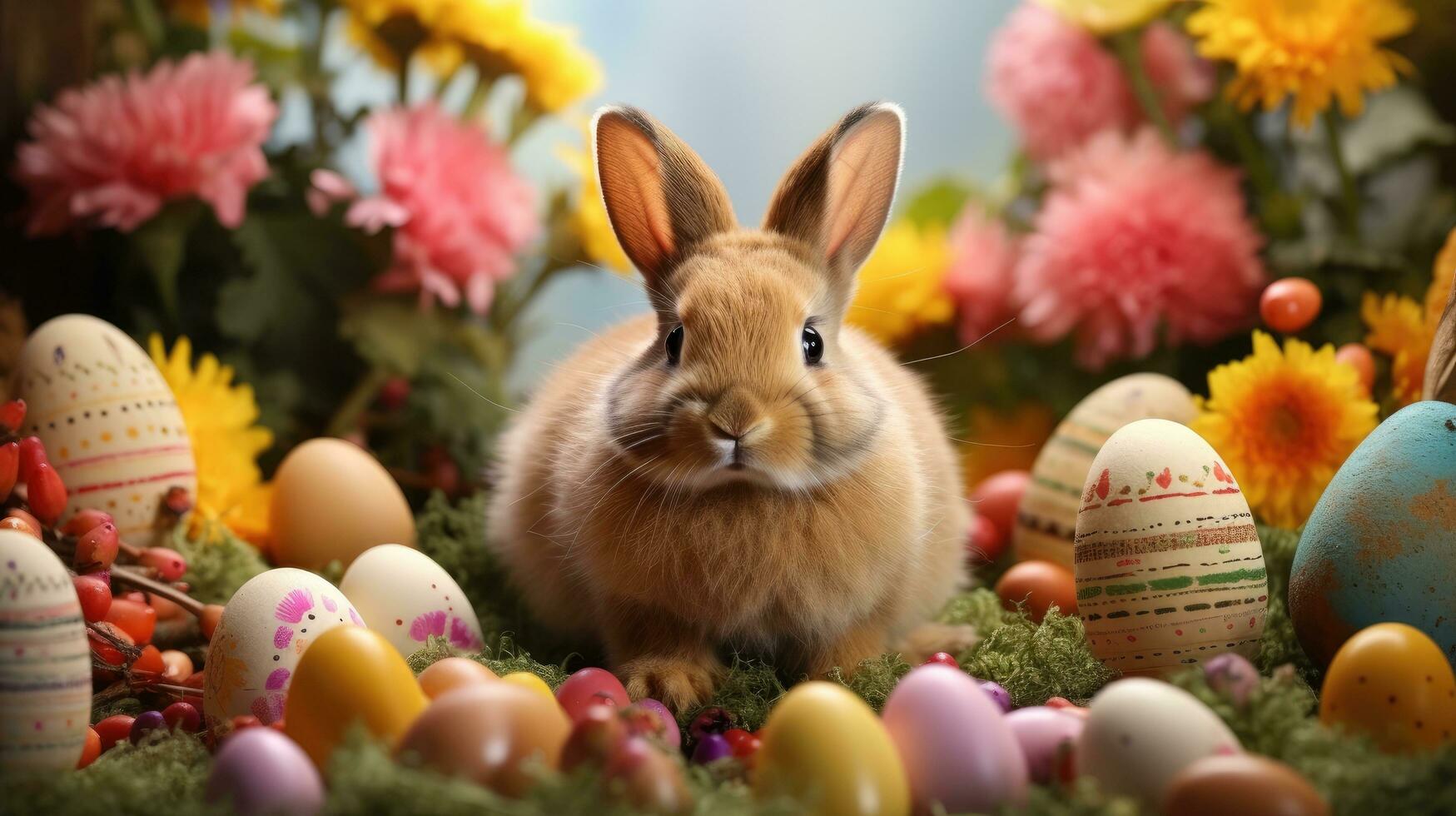 ai gegenereerd een aanbiddelijk konijn konijn zittend in een bed van bloemen, omringd door Pasen eieren foto