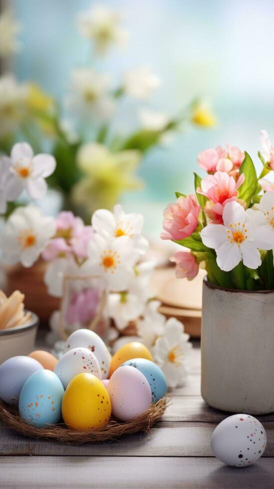 ai gegenereerd een rustiek houten tafel versierd met pastel Pasen eieren en vers bloemen foto