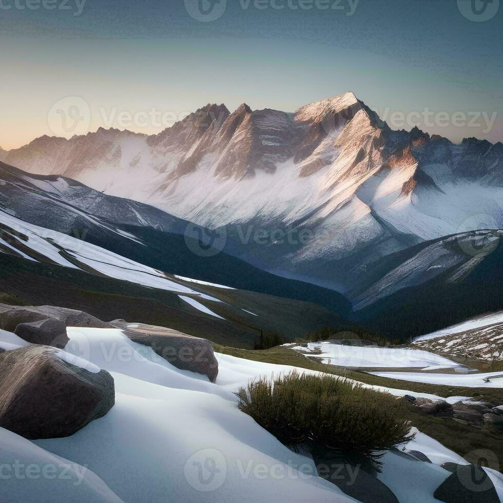 ai gegenereerd een sereen berg voorbij gaan aan met met sneeuw bedekt pieken foto