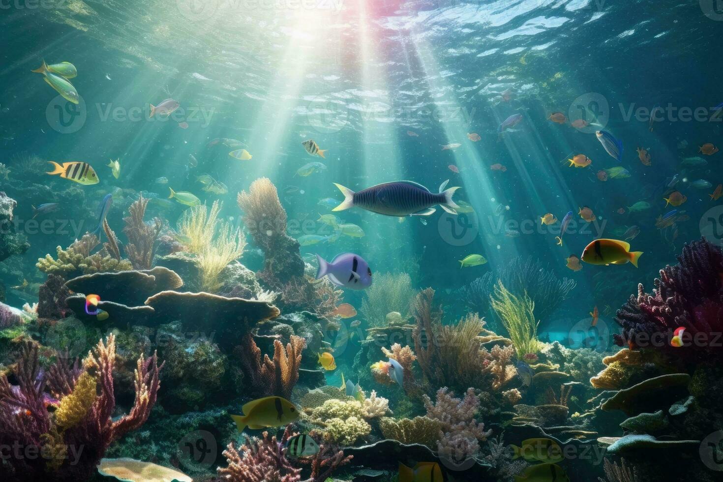 ai gegenereerd tropisch zee onderwater- vissen Aan koraal rif. aquarium oceanarium dieren in het wild kleurrijk marinier panorama landschap natuur snorkel duiken. ai generatief. foto