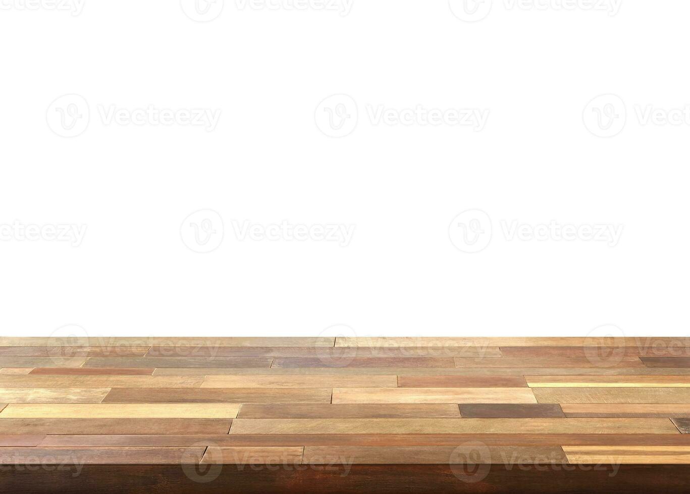 leeg houten tafel voorkant visie Aan een wit achtergrond foto