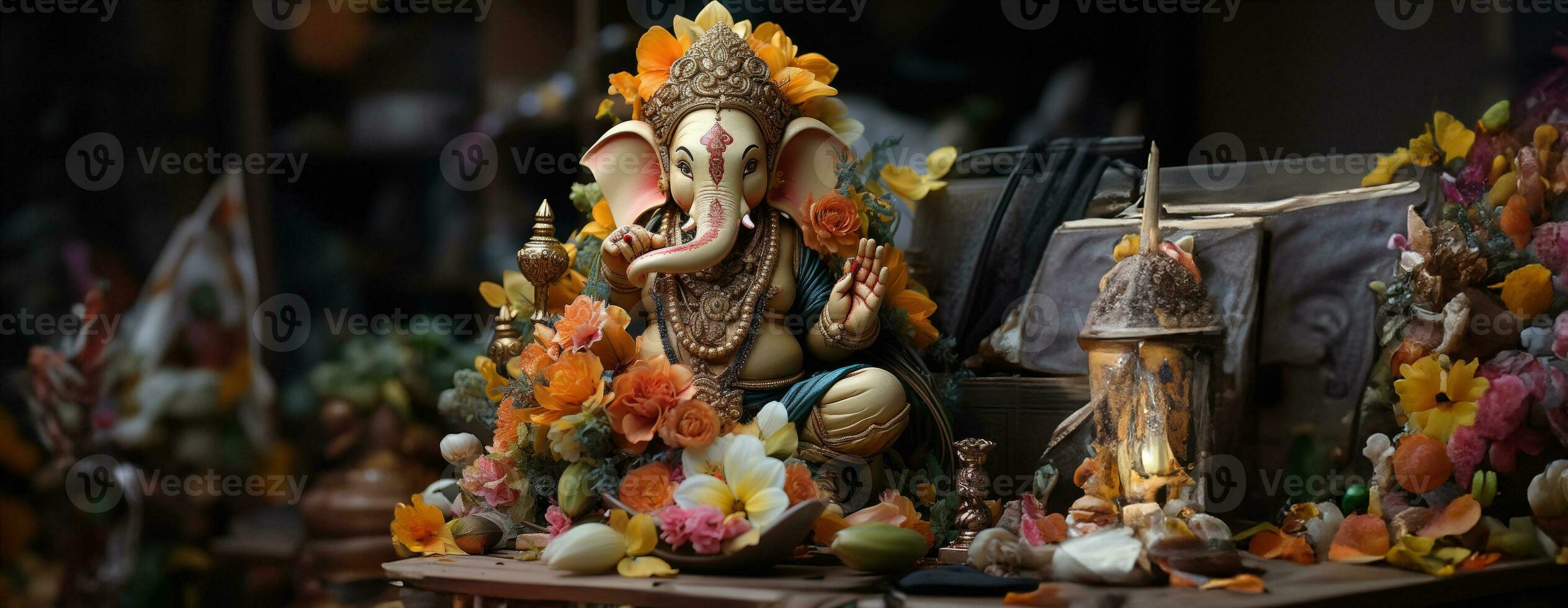 ai gegenereerd gouden heer ganesha beeldhouwwerk Aan natuur achtergrond. vieren heer ganesha festival. ai generatief. foto