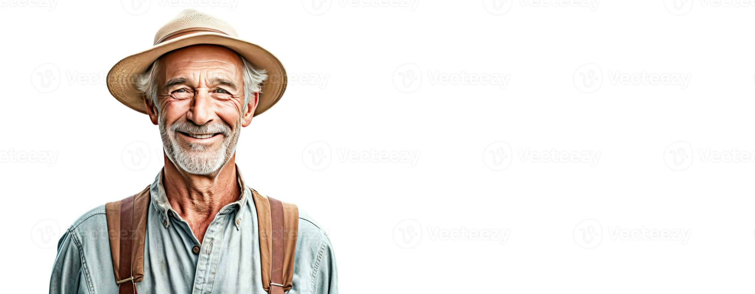 ai gegenereerd geslaagd glimlachen mannetje boer in werk kleren, wit achtergrond isoleren. foto