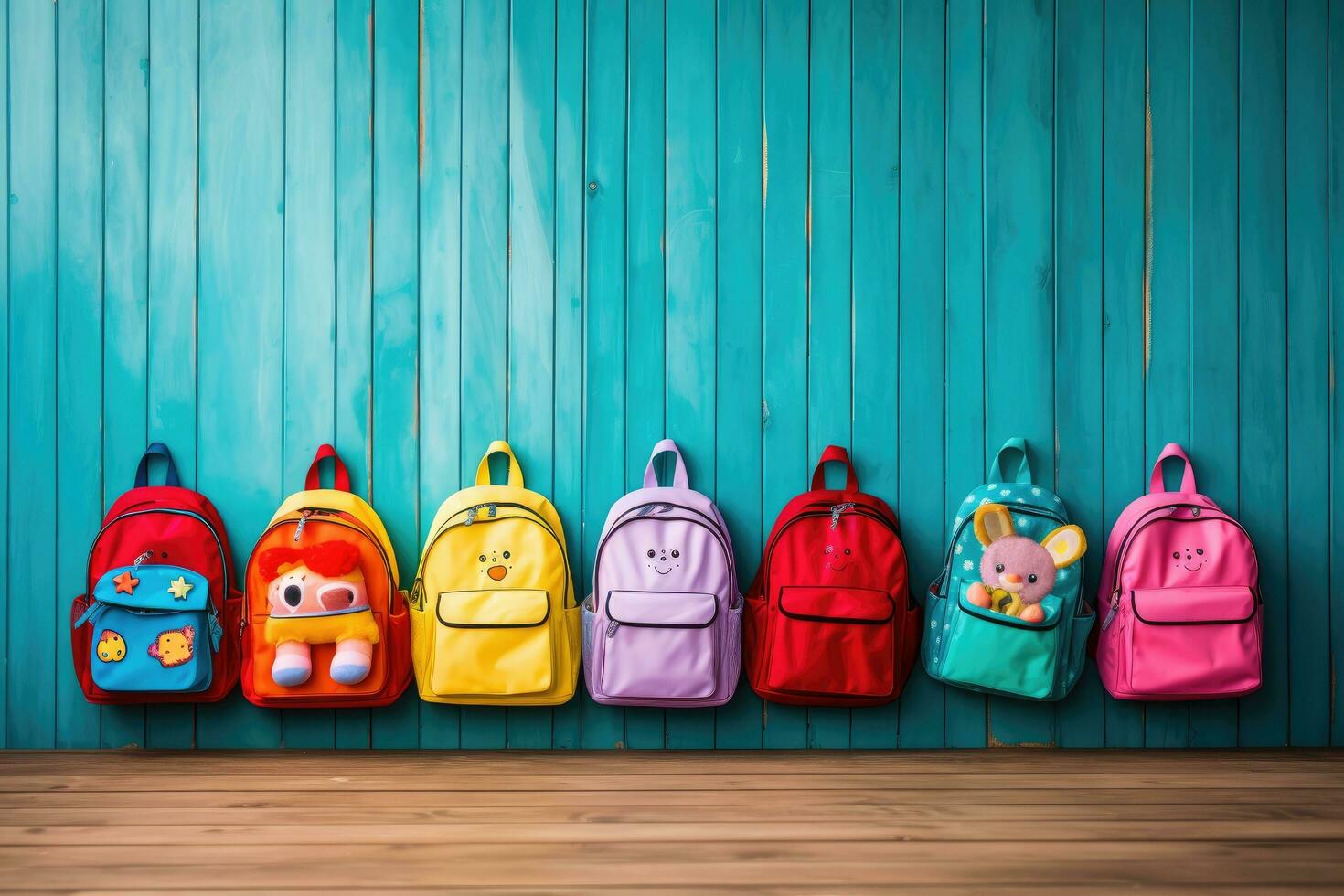 ai gegenereerd kleurrijk school- Tassen Aan houten plank tegen blauw kamer met houten vloer, kleurrijk kinderen schooltassen Aan een houten vloer, rugzakken met school- accessoires, ai gegenereerd foto