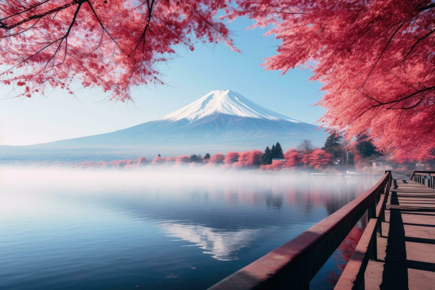 ai gegenereerd mt fuji Bij kawaguchiko meer in Japan met rood esdoorn- blad. kleurrijk herfst seizoen en monteren fuji met ochtend- mist en rood bladeren Bij meer kawaguchiko, ai gegenereerd foto