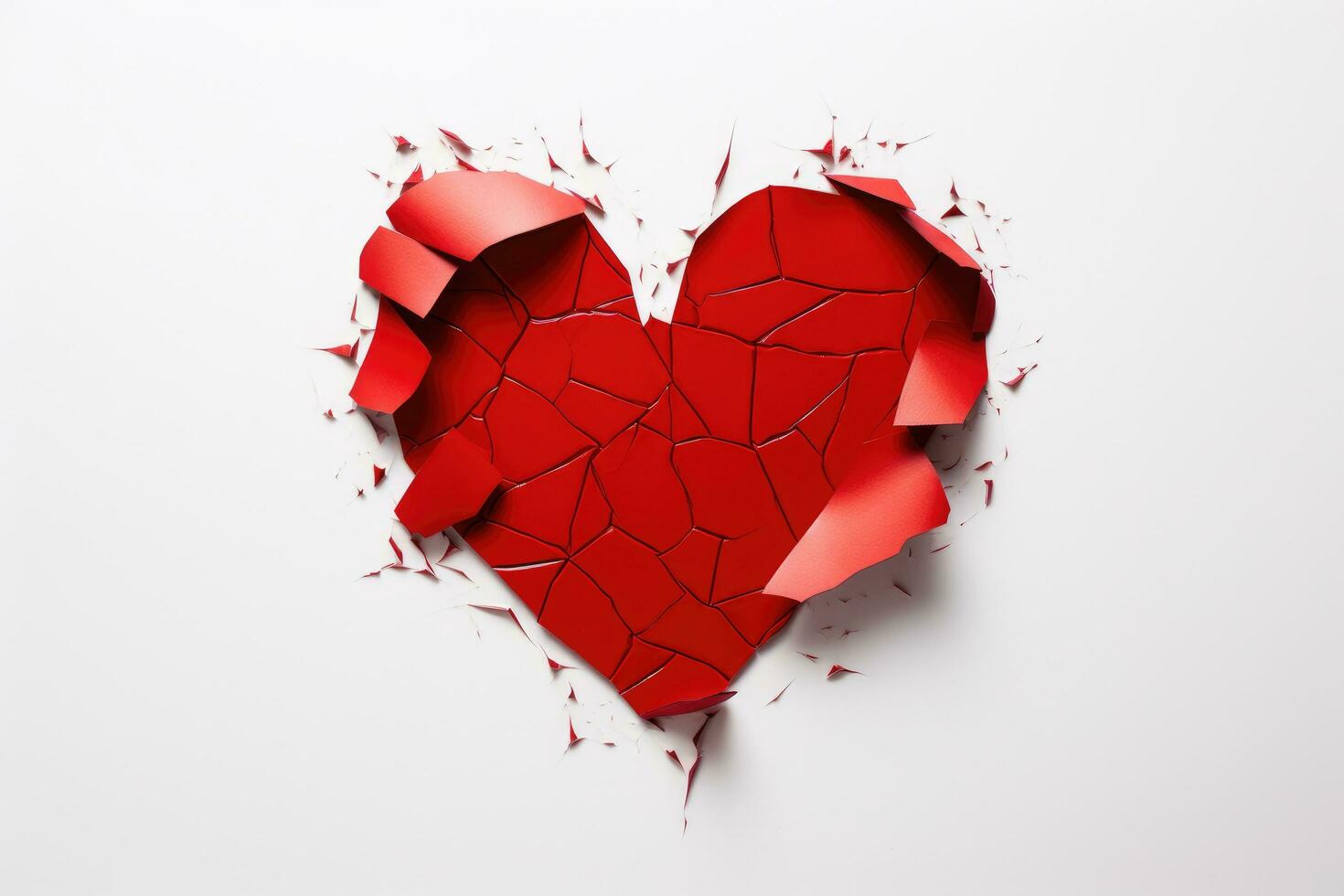 ai gegenereerd gebroken rood hart Aan wit achtergrond, abstract Valentijn concept, verfrommeld rood hart papier geïsoleerd Aan een wit achtergrond, gebroken hart concept, ai gegenereerd foto