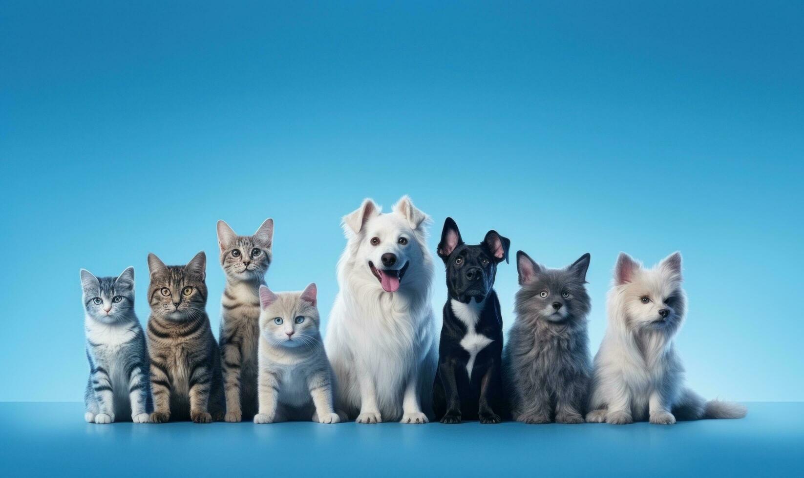 ai gegenereerd honden en katten samen Aan een blauw achtergrond, foto