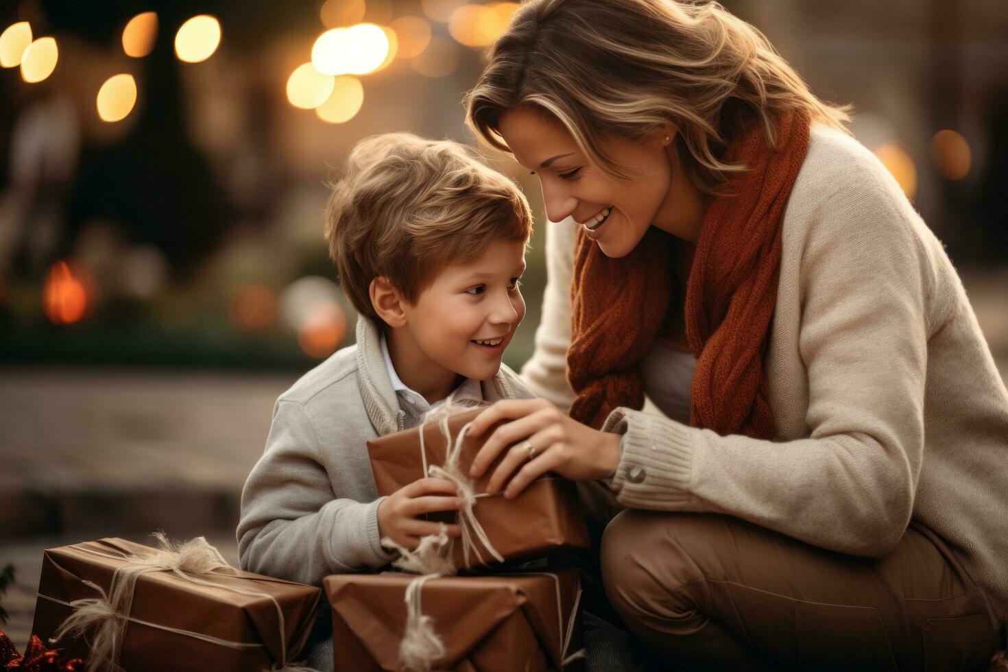 ai gegenereerd moeder en zoon met Kerstmis Cadeau in de park met Cadeau omhulsel foto