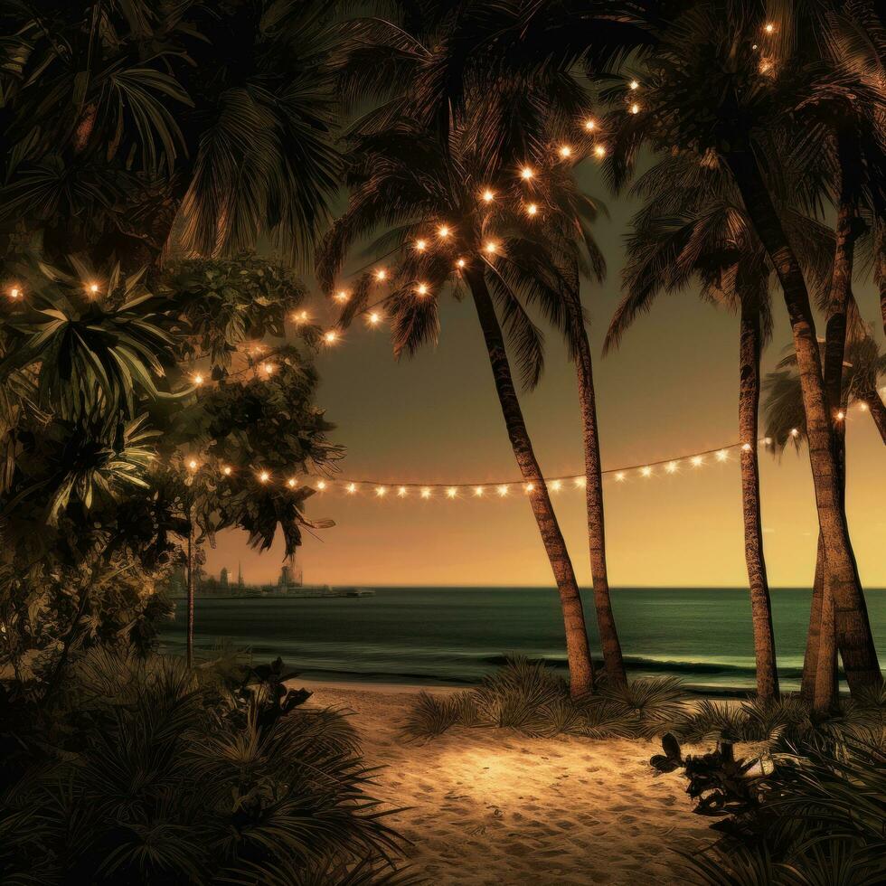 ai gegenereerd lichten houdende naar beneden achter palm bomen in de buurt de strand, ik foto