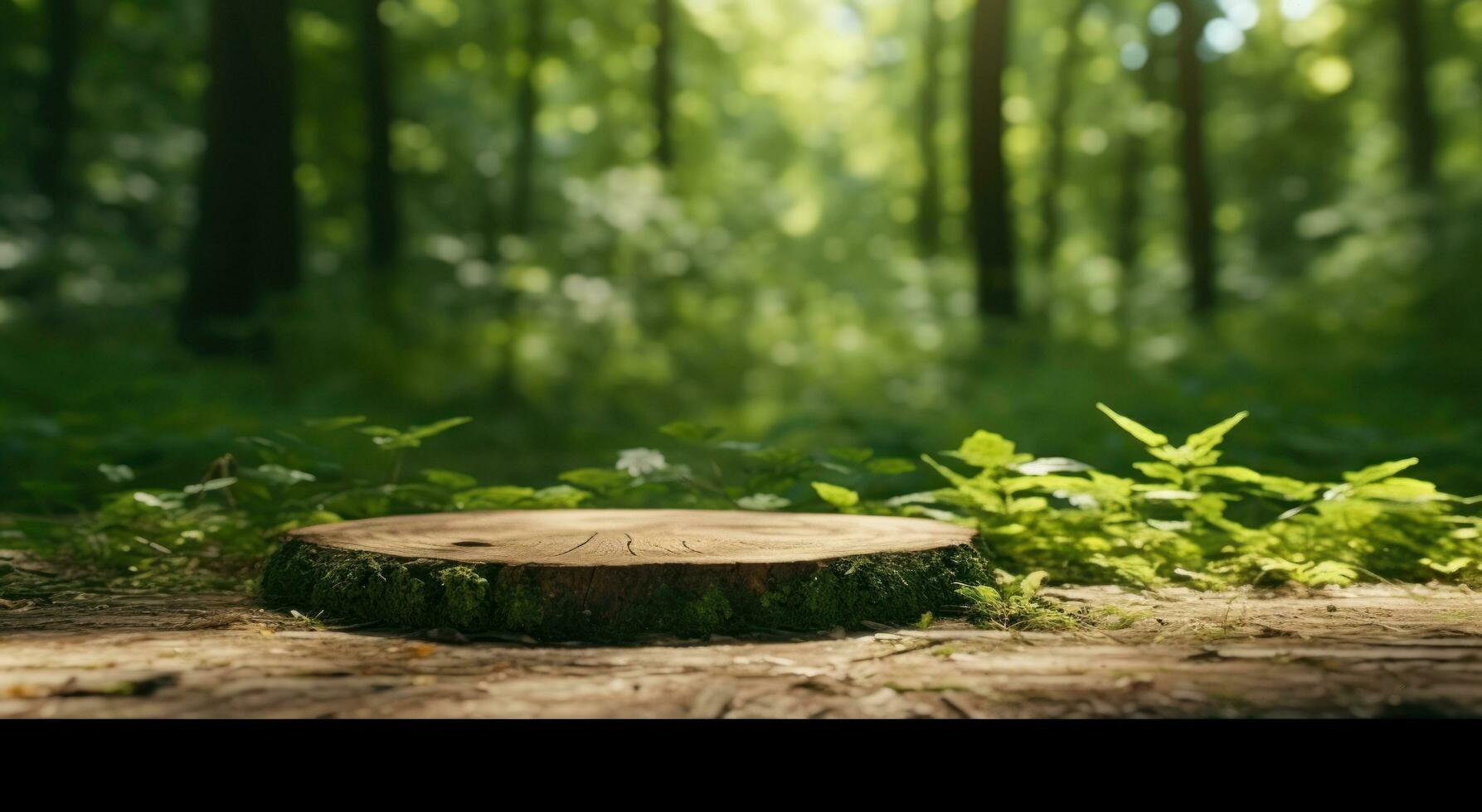 ai gegenereerd een natuurlijk houten tafel in de Woud, foto