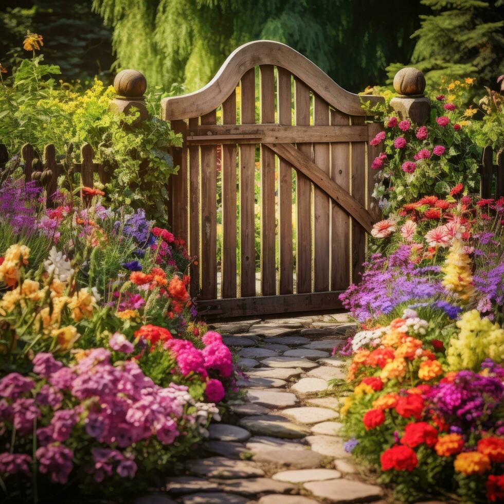 ai gegenereerd een pittoreske voorjaar tuin met een rustiek houten poort en een verscheidenheid van kleurrijk bloemen, foto