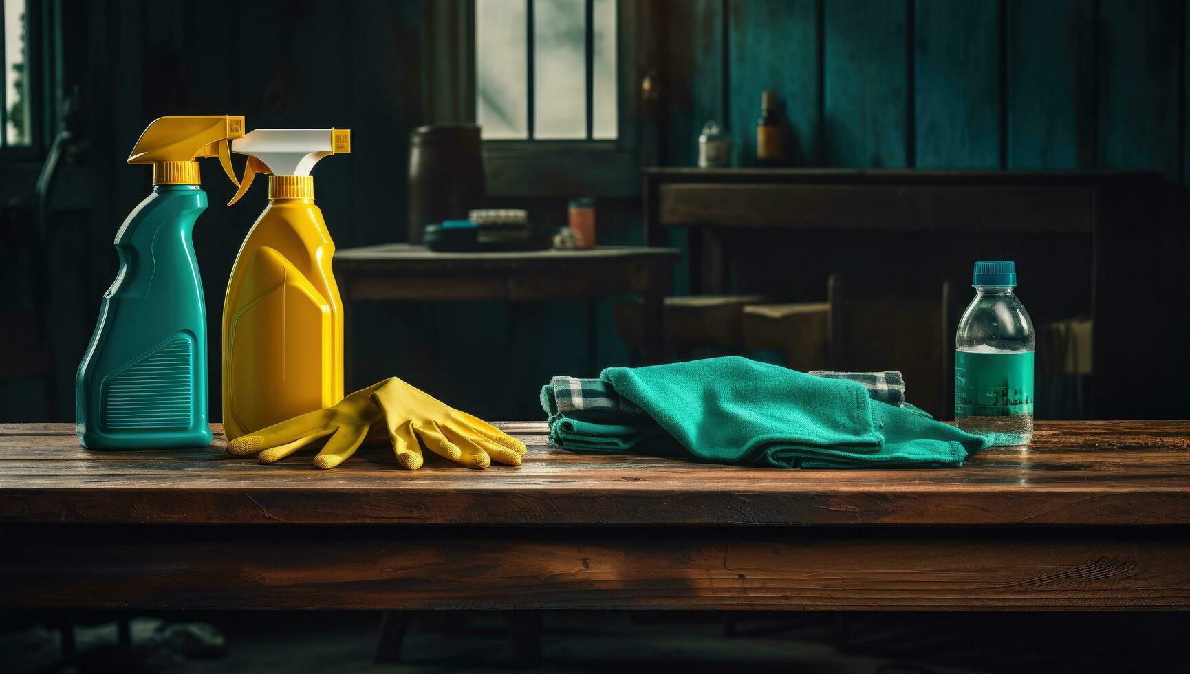 ai gegenereerd een houten tafel shows schoonmaak producten en handschoenen, foto