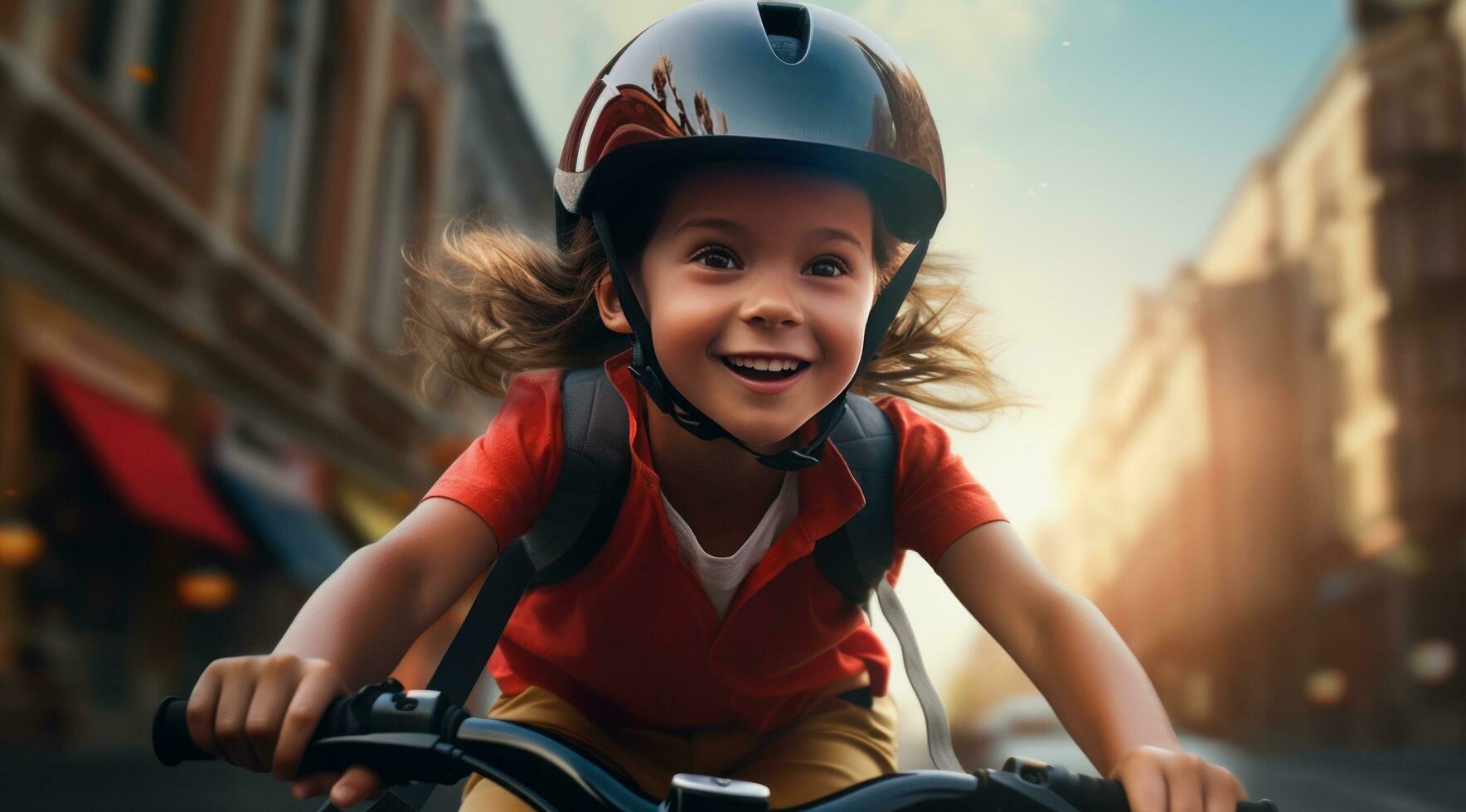 ai gegenereerd een schattig meisje vervelend een helm Aan haar fiets rijden naar beneden de straat, foto