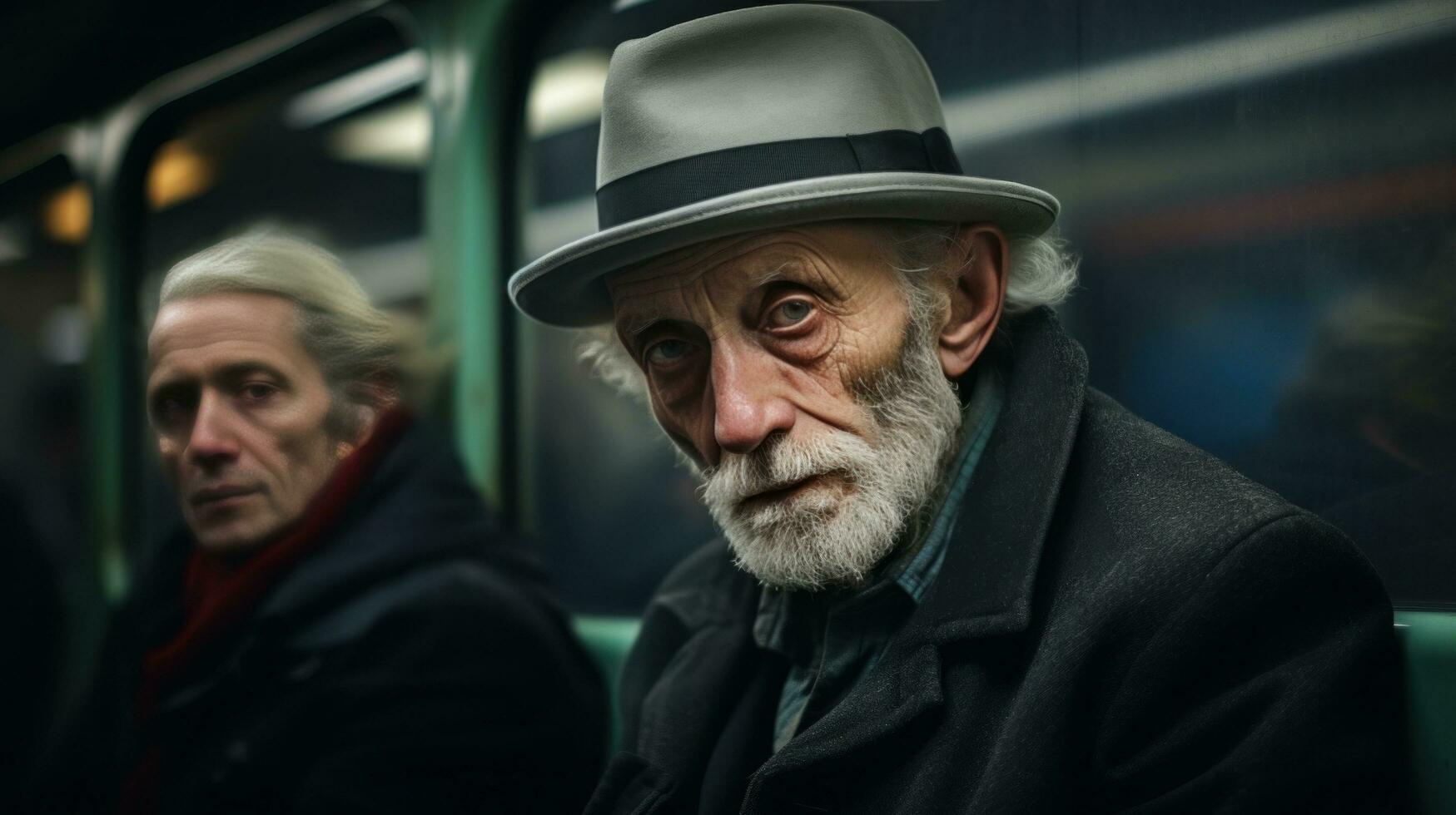 ai gegenereerd oud mannen Aan een trein en hoeden Aan hun hoofd foto