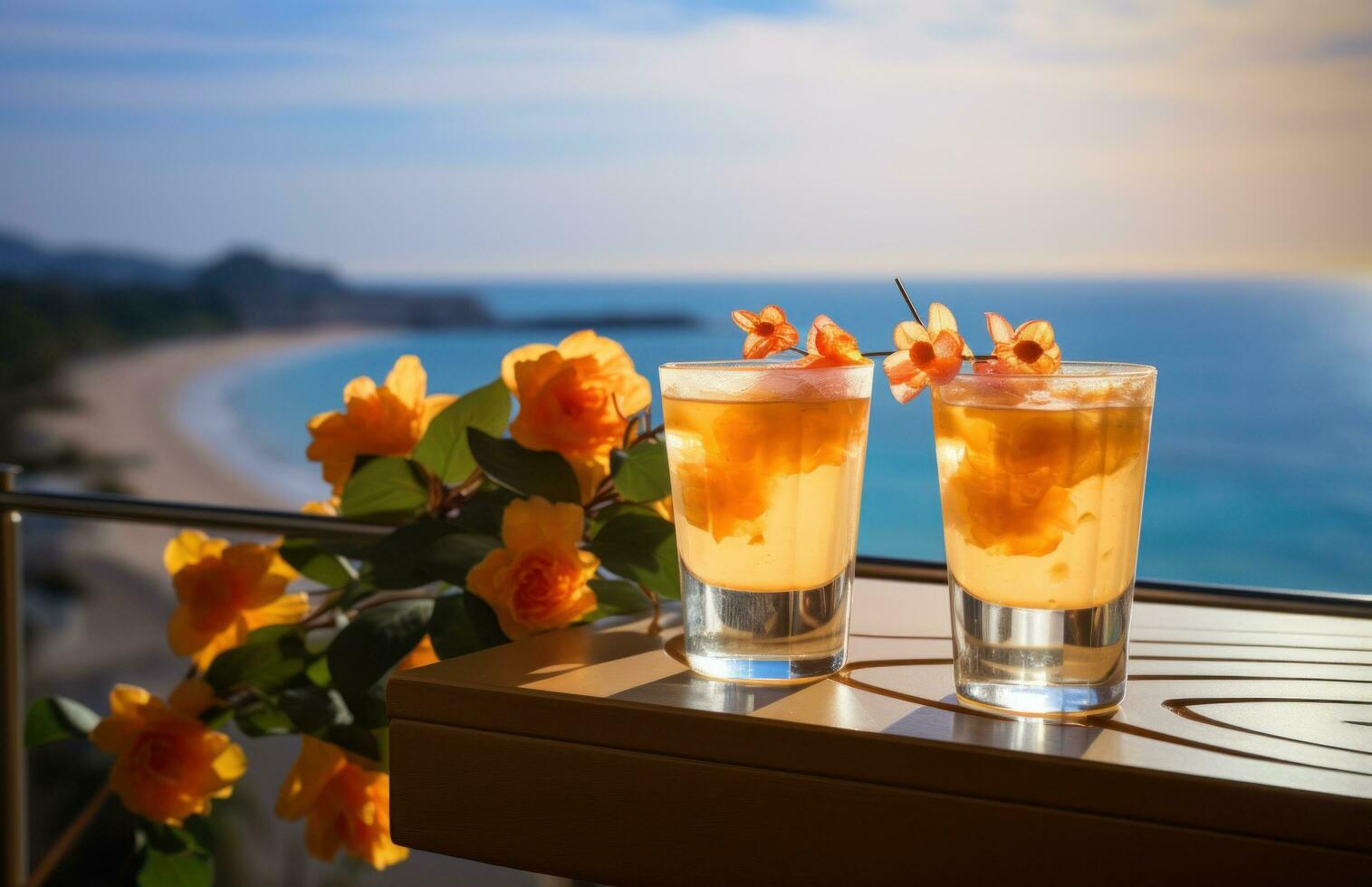 ai gegenereerd drinken schoten twee drankjes in drinken bril met bloemen Aan een balkon met uitzicht een strand foto