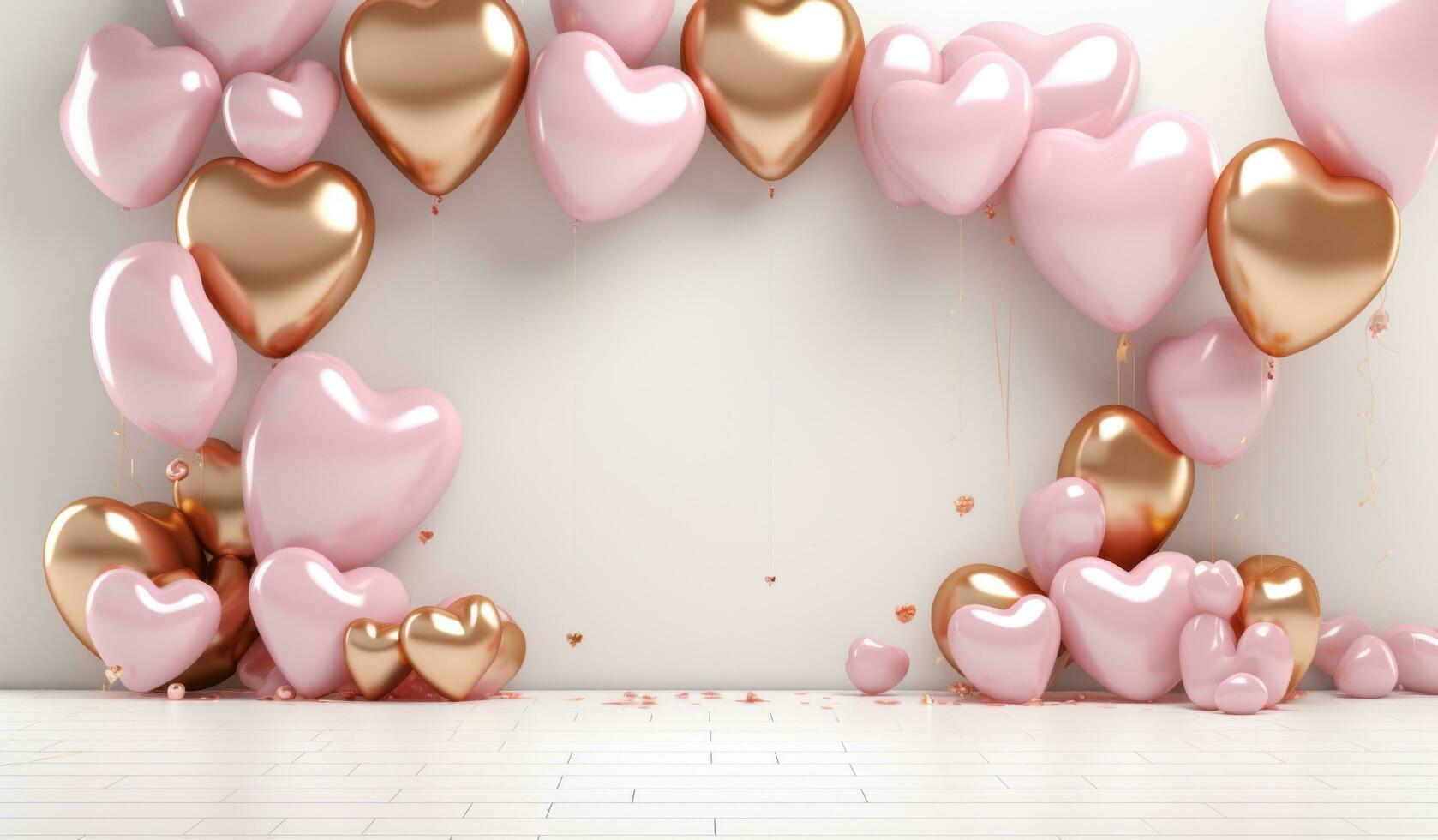 ai gegenereerd een achtergrond met ballonnen, goud harten en roze decoraties foto