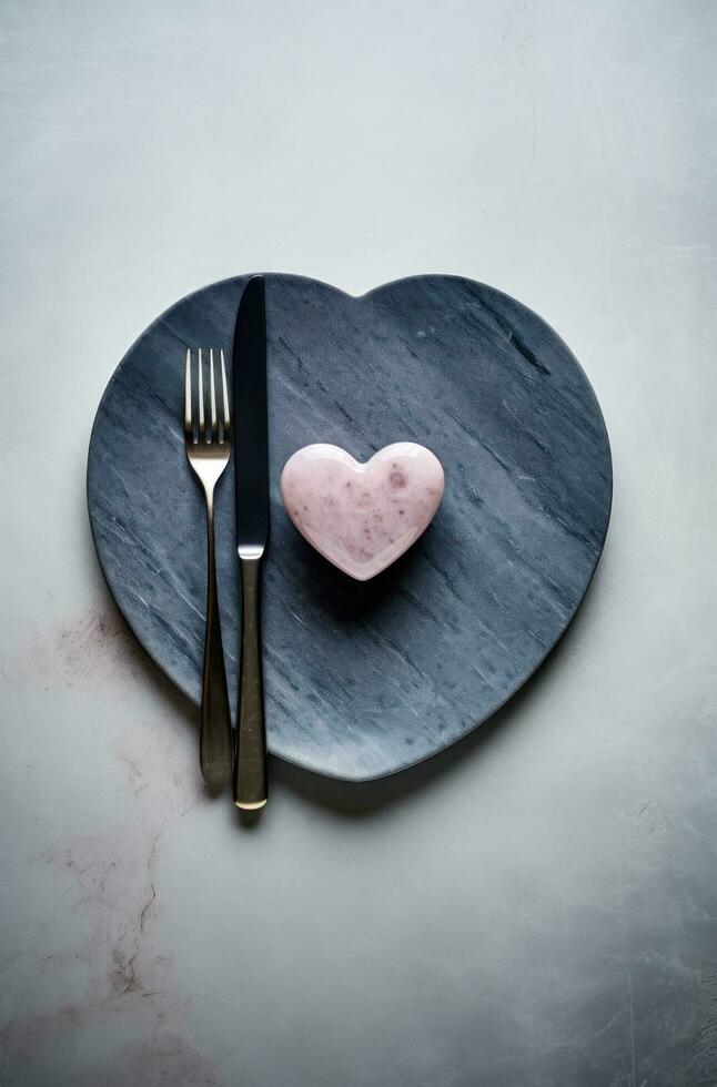 ai gegenereerd een leeg bord met een roze hart Aan het en een vork en mes Aan de top foto