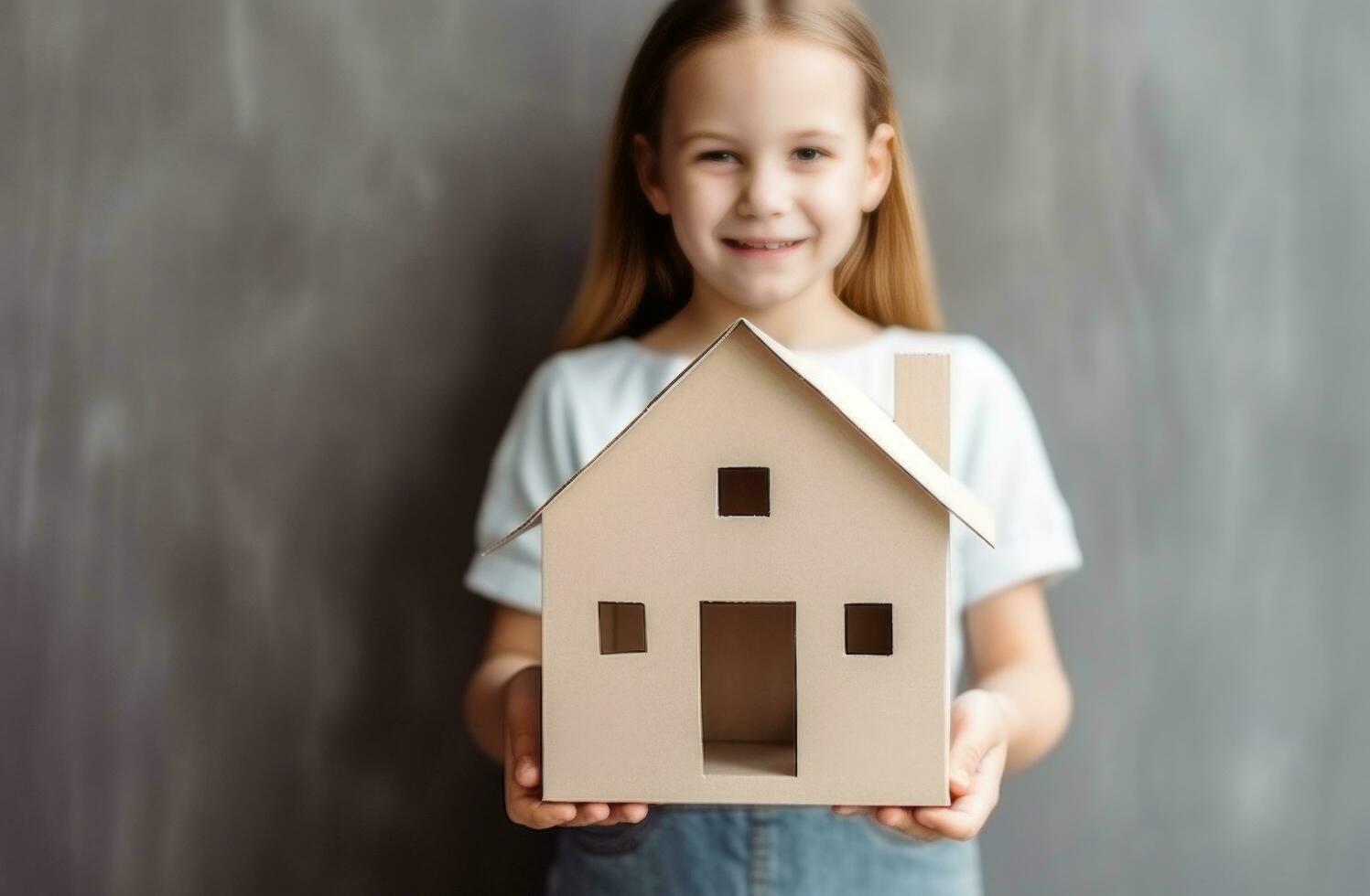 ai gegenereerd kind houdt papier karton huis na in beweging in naar een nieuw huis foto
