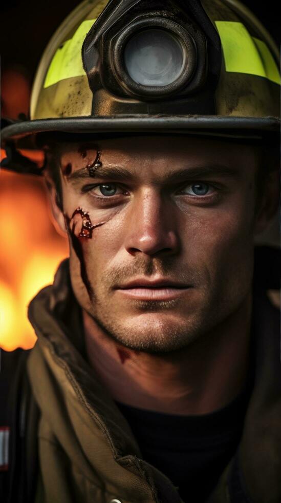 ai gegenereerd knap brandweerman, zijn doordringend blauw ogen en gebeiteld kaaklijn gemarkeerd foto