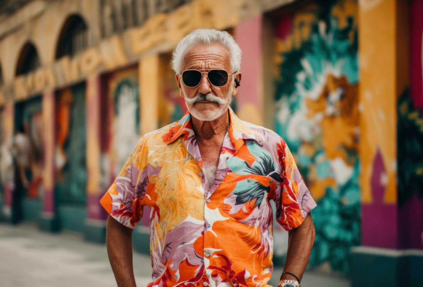 ai gegenereerd een ouderen Mens in een kleurrijk kleding foto