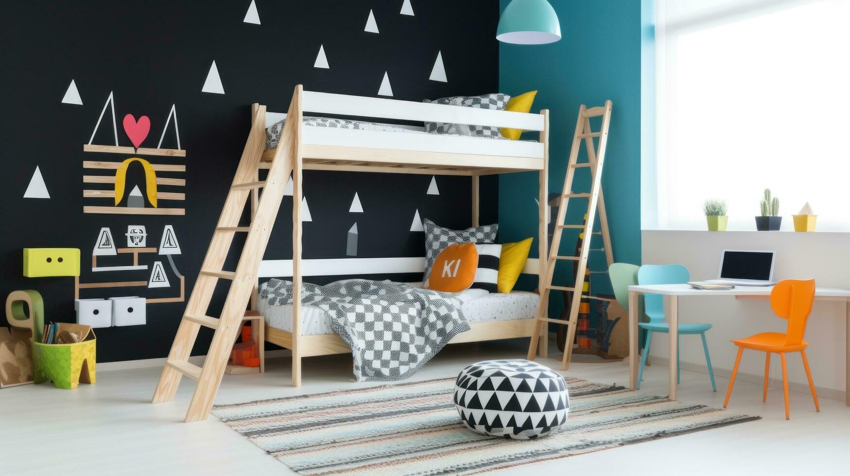 ai gegenereerd een pret kinderen kamer met een blauw accent muur, een houten zolder bed met een ladder foto