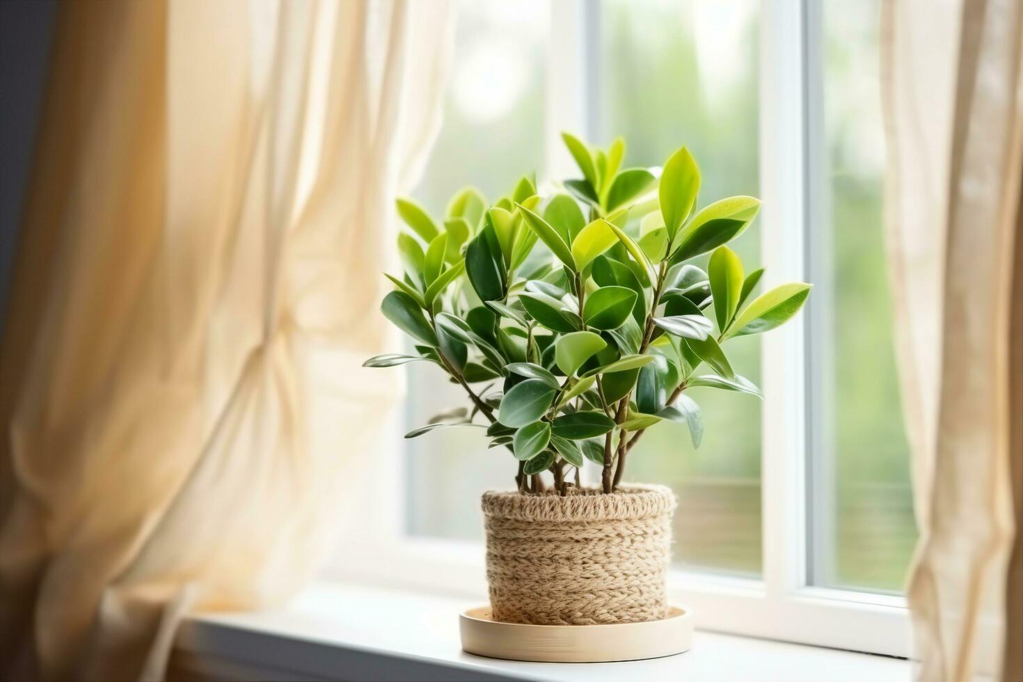 ai gegenereerd concept van huis tuinieren. zamioculcas in bloempot Aan vensterbank. huis planten Aan de vensterbank. groen huis planten in een pot Aan vensterbank Bij huis. generatief ai. foto