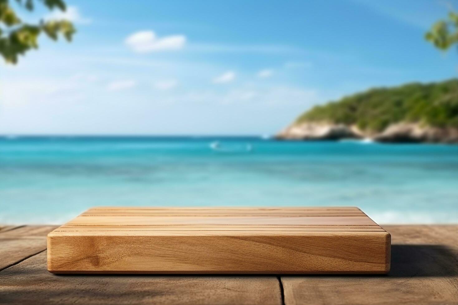 ai gegenereerd houten tafel met een podium en vrij ruimte voor uw producten. zomer vakantie dag en zeegezicht. generatief ai. foto