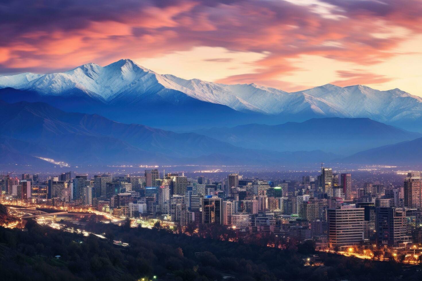 ai gegenereerd panoramisch visie van de stad van Seoel Bij zonsondergang, zuiden Korea, avond panorama van Santiago de Chili, ai gegenereerd foto