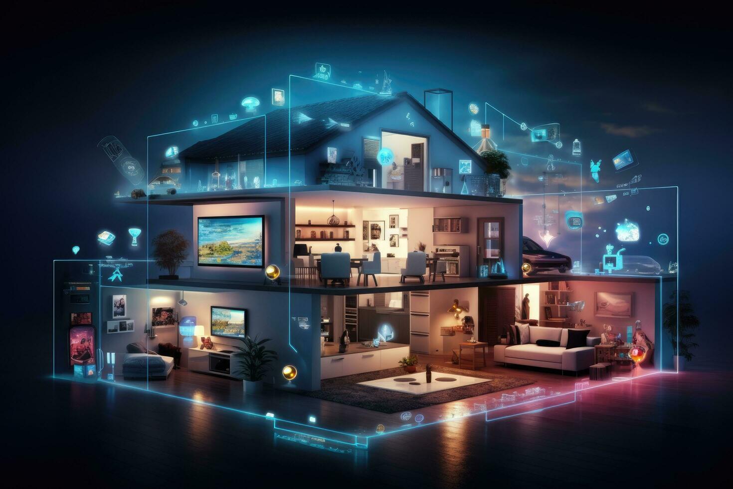 ai gegenereerd modern huis met gloeiend lichten en media pictogrammen Aan donker achtergrond 3d weergave, onderzoeken de concept van de internet van dingen door een beeld presentatie van een slim huis, ai gegenereerd foto