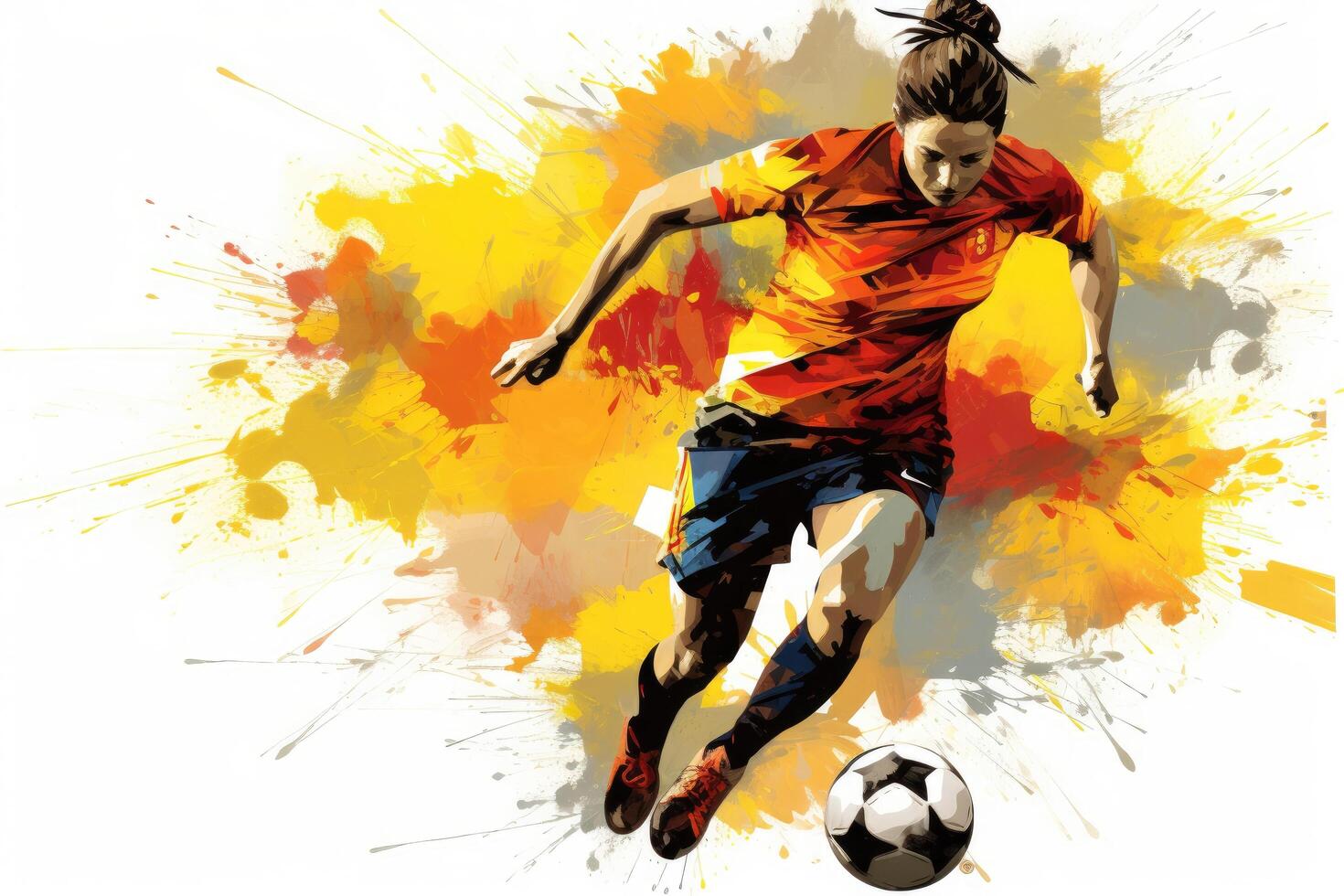 ai gegenereerd digitaal illustratie van een voetbal speler in actie met een waterverf achtergrond, expressief abstract illustratie van een vrouw voetbal speler in actie, ai gegenereerd foto