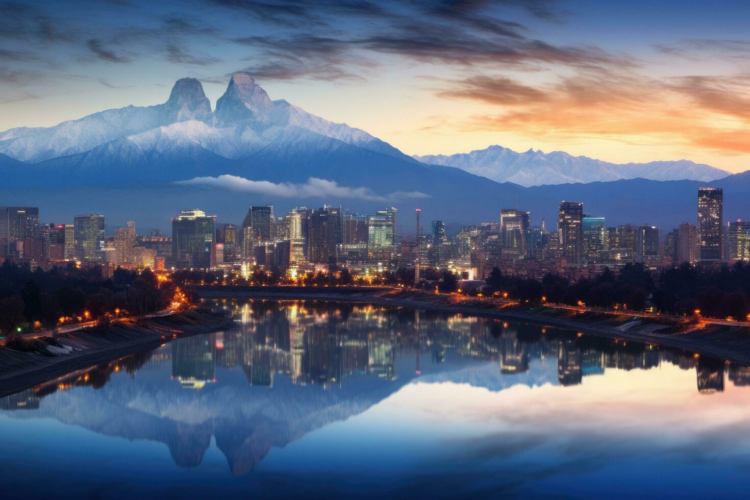 ai gegenereerd mt. fitz roy weerspiegeld in de meer Bij zonsopkomst, Chili, avond panorama van Santiago de Chili, ai gegenereerd foto