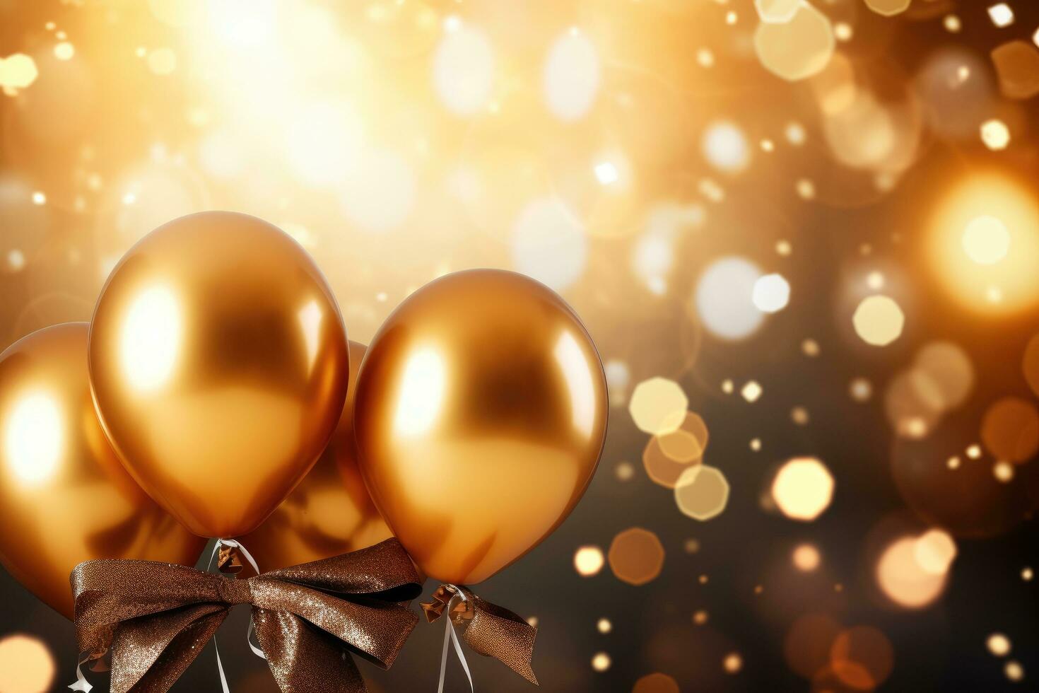 ai gegenereerd gouden ballonnen met boog Aan bokeh achtergrond, dichtbij omhoog, gouden ballonnen en confetti Aan een gouden achtergrond, gepresenteerd in 3d weergave, ai gegenereerd foto