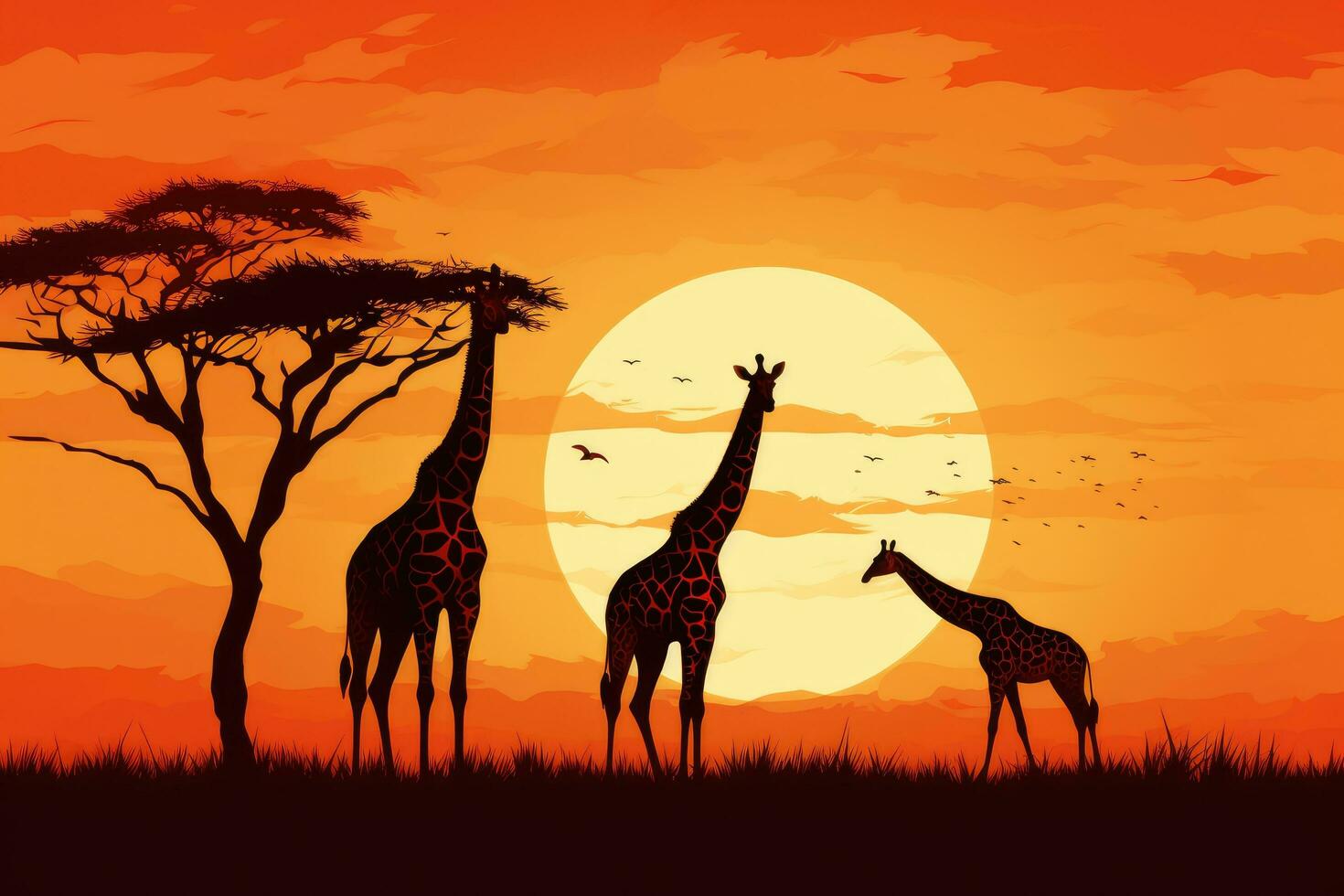 ai gegenereerd silhouet van giraffe in savanne Bij zonsondergang vector illustratie, giraffe silhouet - Afrikaanse dieren in het wild achtergrond - schoonheid in kleur en vrijheid, ai gegenereerd foto