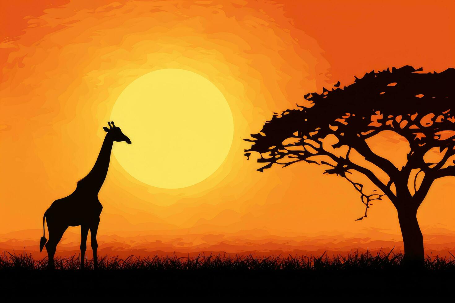 ai gegenereerd silhouet van giraffen in savanne Bij zonsondergang, vector illustratie, giraffe silhouet - Afrikaanse dieren in het wild achtergrond - schoonheid in kleur en vrijheid, ai gegenereerd foto