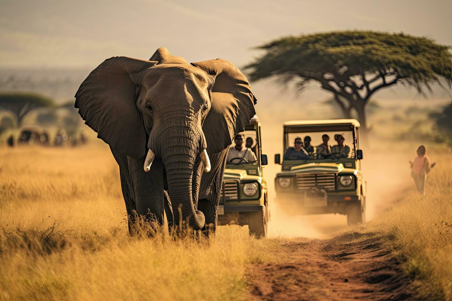 ai gegenereerd Afrikaanse safari toeristen en olifanten in amboseli nationaal park, Kenia, ai gegenereerd foto