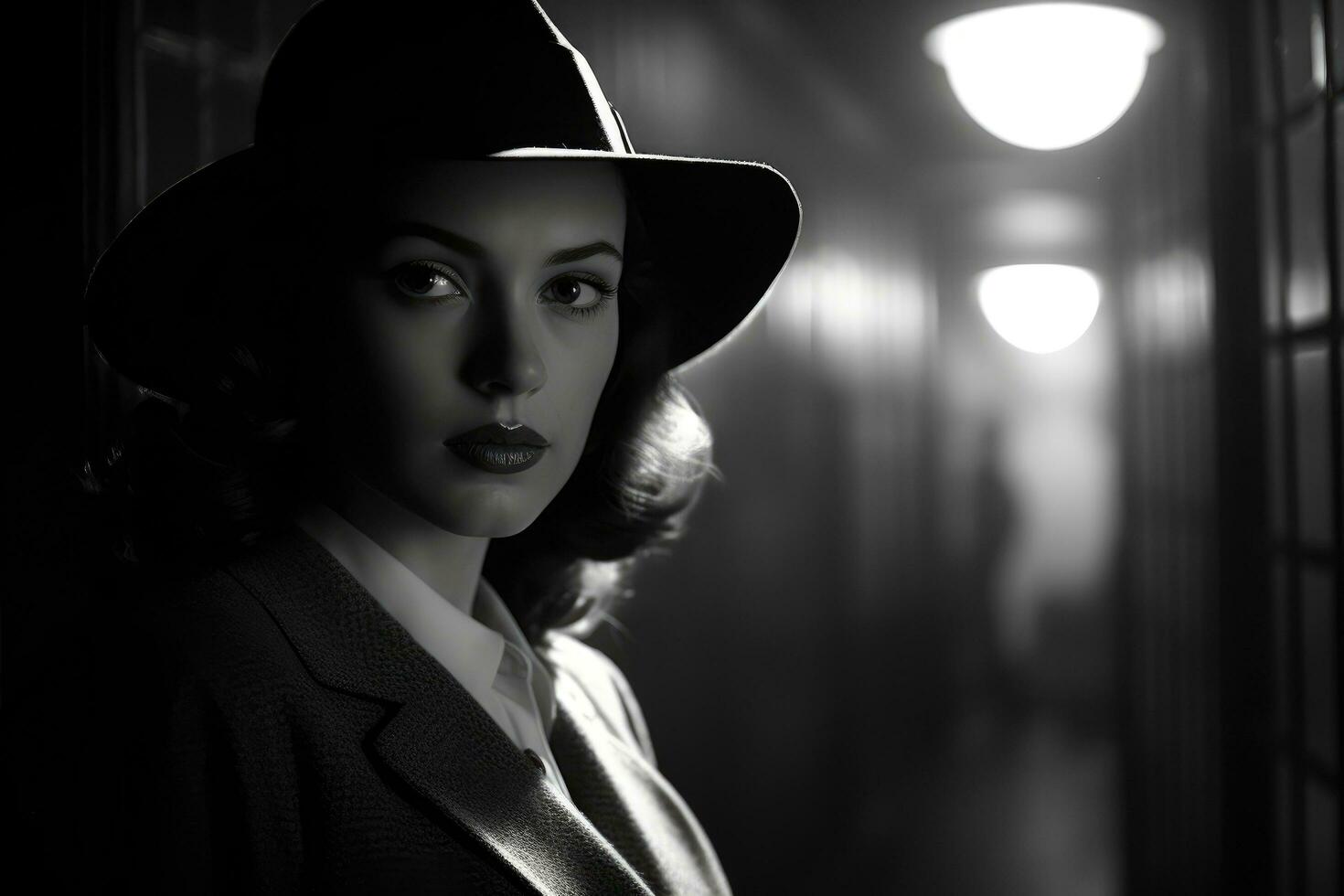 ai gegenereerd retro portret van een mooi vrouw in een hoed en jas, 1940 film noir detective tafereel, ai gegenereerd foto