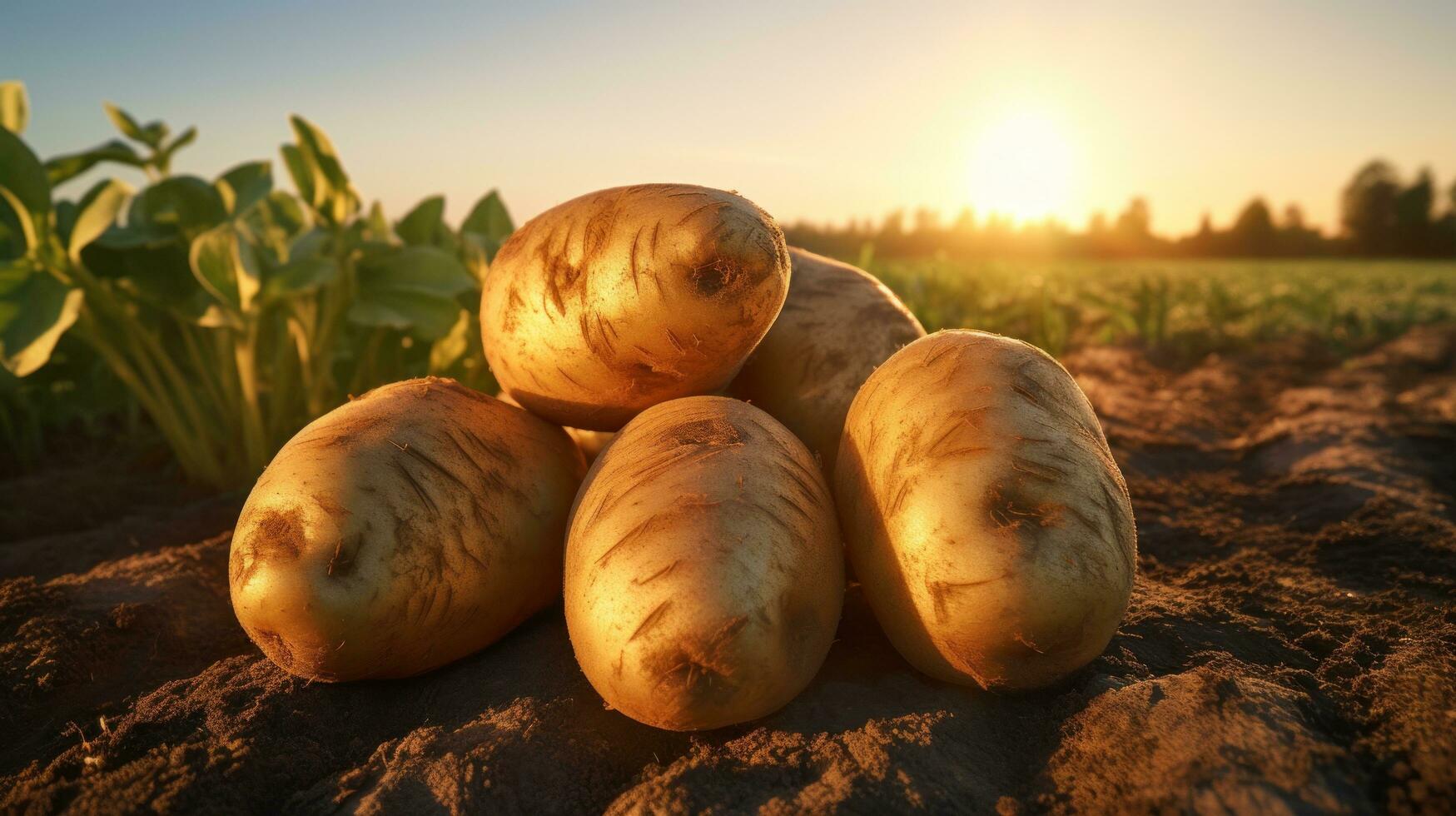 ai gegenereerd drie aardappelen zijn in een veld- net zo de zon sets foto