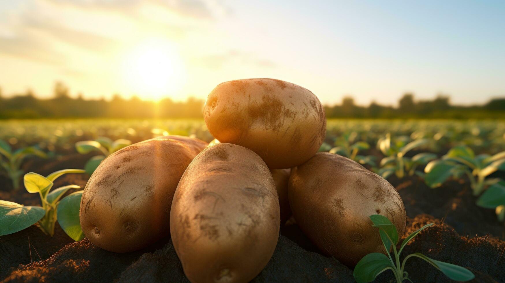 ai gegenereerd drie aardappelen zijn in een veld- net zo de zon sets foto