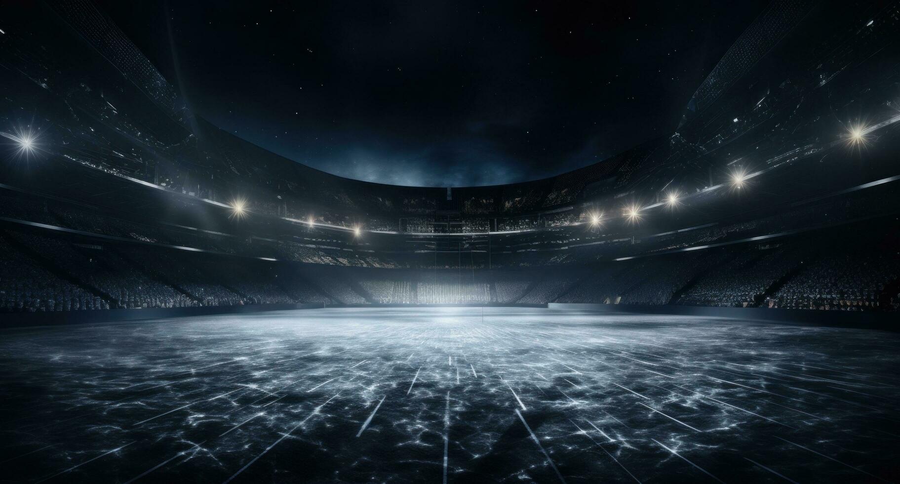 ai gegenereerd een donker veld- in voorkant van een arena met een hockey netto staand in de midden- in zwart foto