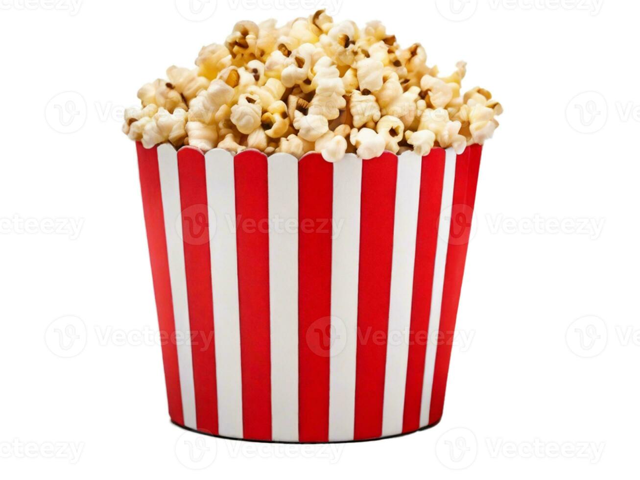 ai gegenereerd popcorn in gestreept karton emmer geïsoleerd Aan wit achtergrond met knipsel pad foto