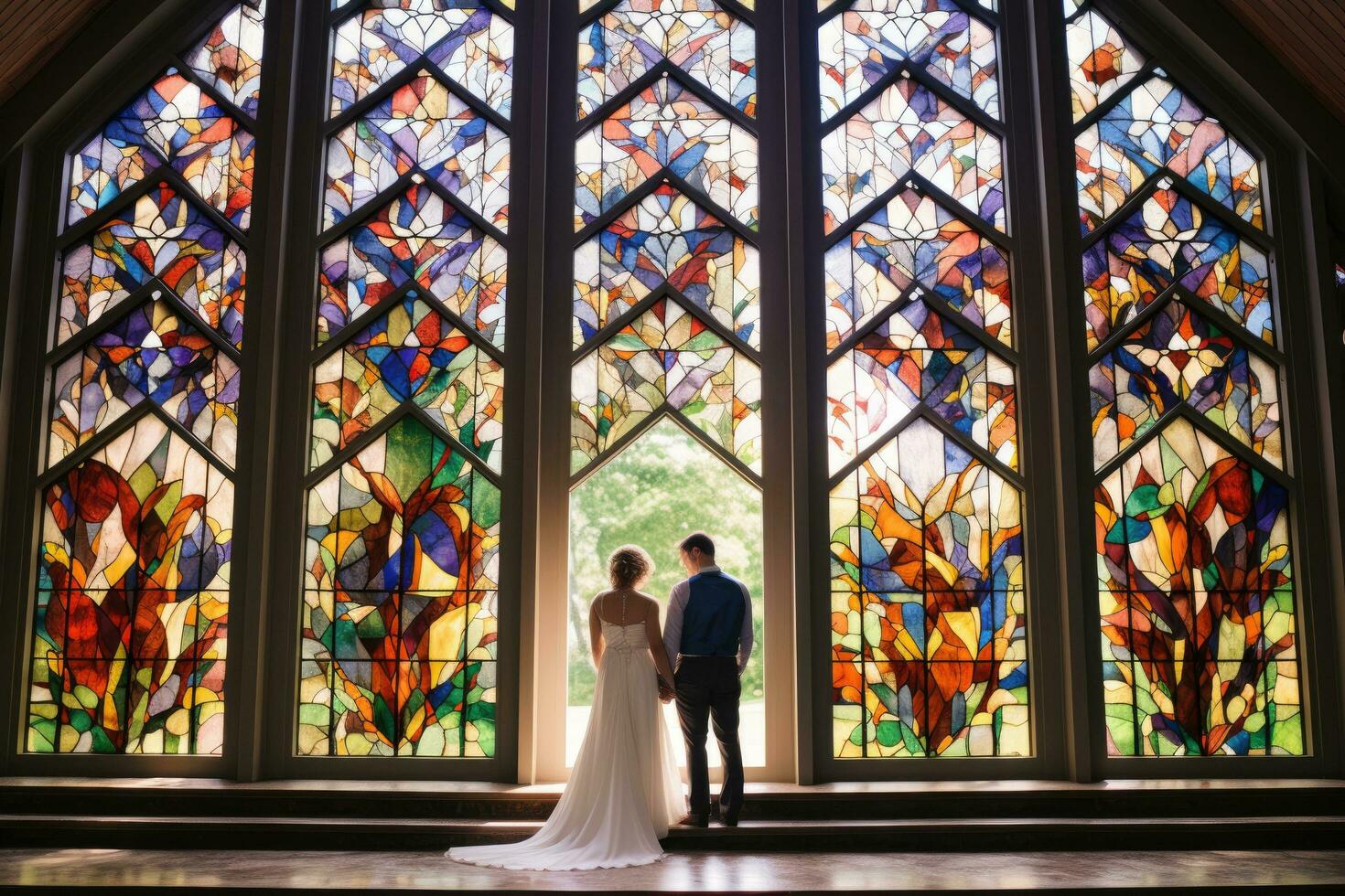 ai gegenereerd mooi bruiloft stel, bruid, bruidegom poseren in de kerk Aan hun bruiloft dag, een kapel bruiloft met gebrandschilderd glas ramen, ai gegenereerd foto