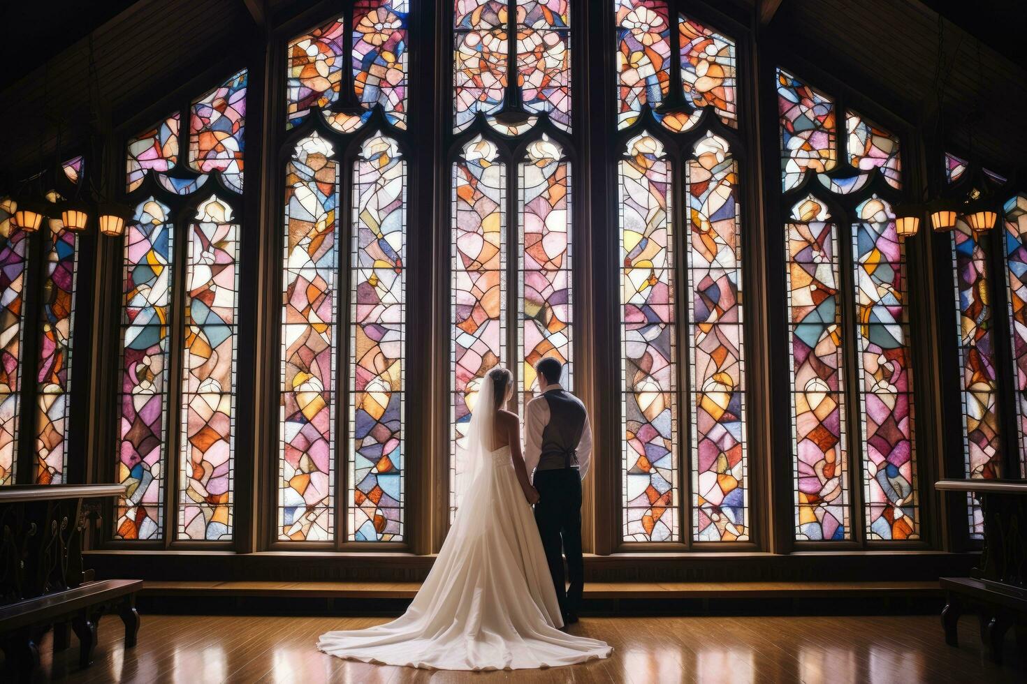 ai gegenereerd mooi bruiloft stel, bruid en bruidegom poseren in de kerk, een kapel bruiloft met gebrandschilderd glas ramen, ai gegenereerd foto